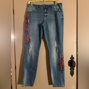 Max Jeans Blue Straight Leg with Red Floral Embroidery